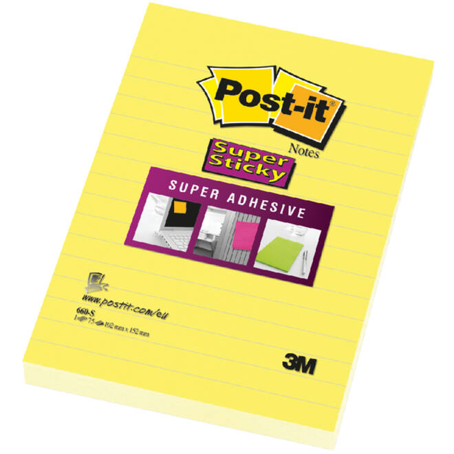 Memoblok Post-it 660 Super Sticky 102x152 geel met lijn