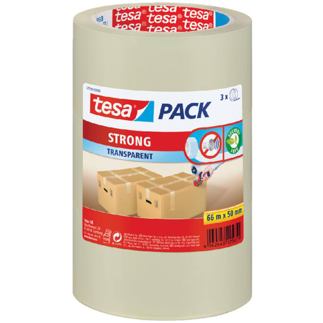 Verpakkingstape tesapack® Strong 66mx50mm PP transparant 3 rollen