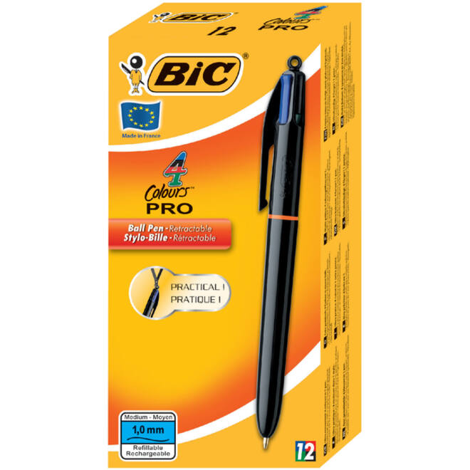 Balpen Bic 4kleuren Pro met ring medium zwart