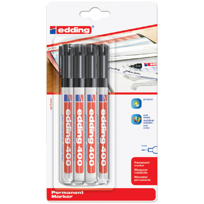 Viltstift edding 400 rond 1mm zwart blister à 4 stuks