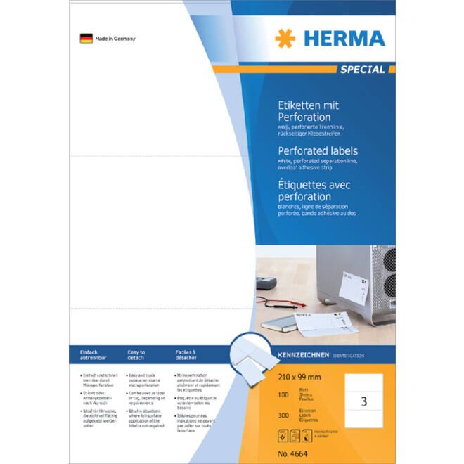 Etiket HERMA 4664 210x99mm geperforeerd wit 300stuks