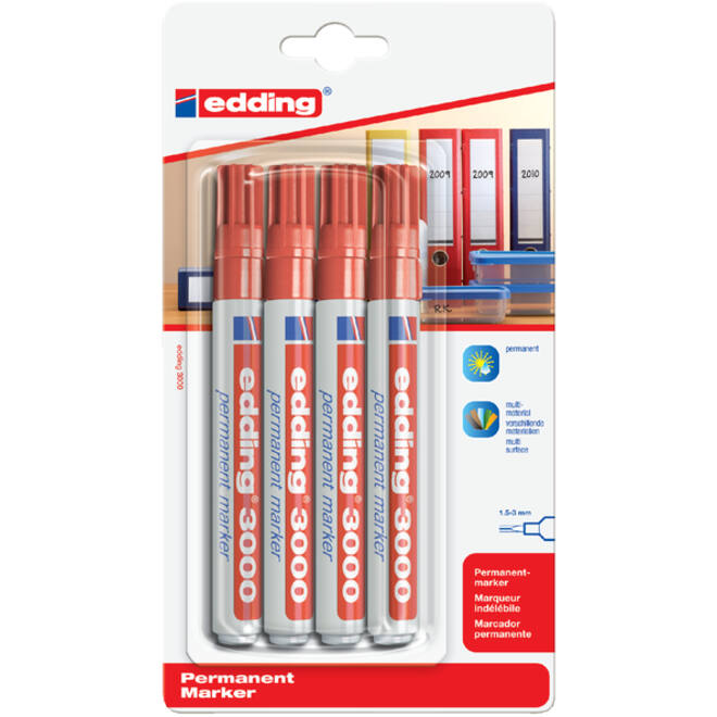 Viltstift edding 3000 rond 1.5-3mm rood blister à 4 stuk