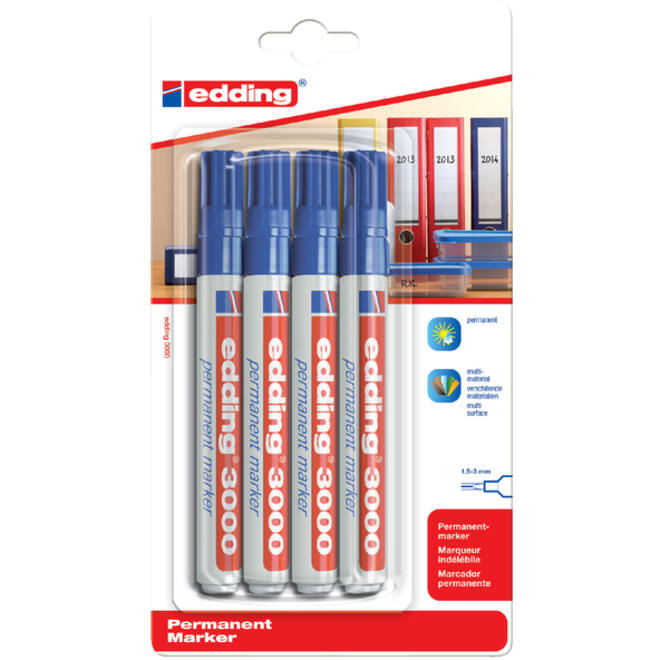 Viltstift edding 3000 rond 1.5-3mm blauw blister à 4 stuks