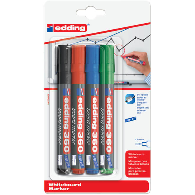 Viltstift edding 360 whiteboard rond 1.5-3mm assorti blister à 4 stuks