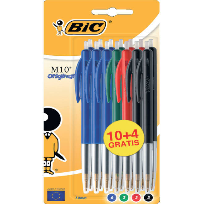 Balpen Bic M10 medium assorti blister à 10+4 gratis