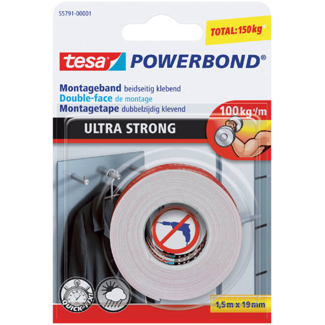 Plakband tesa® Powerbond Ultra Strong dubbelzijdig 1,5mx19mm wit