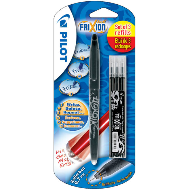 Rollerpen PILOT friXion medium zwart blister à 1 stuk + 3 vullingen