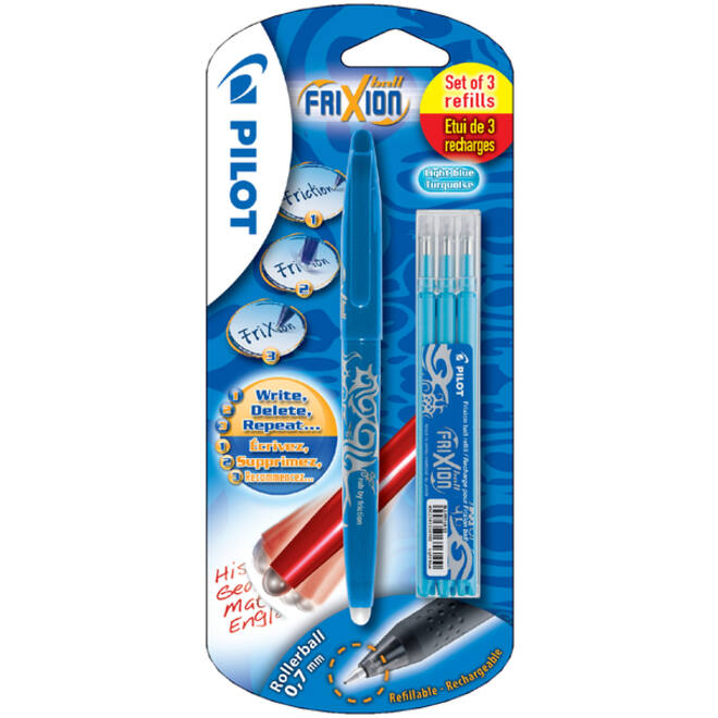 Rollerpen PILOT friXion medium lichtblauw blister à 1 stuk + 3 vullingen