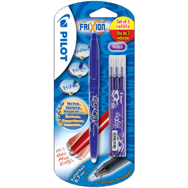 Rollerpen PILOT friXion medium paars blister à 1 stuk + 3 vullingen