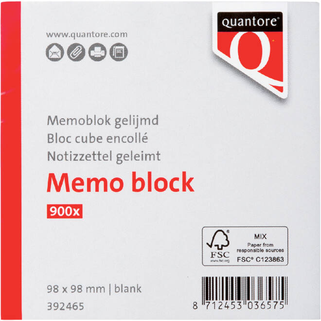 Memoblok Quantore kopgelijmd 98x98mm 900vel
