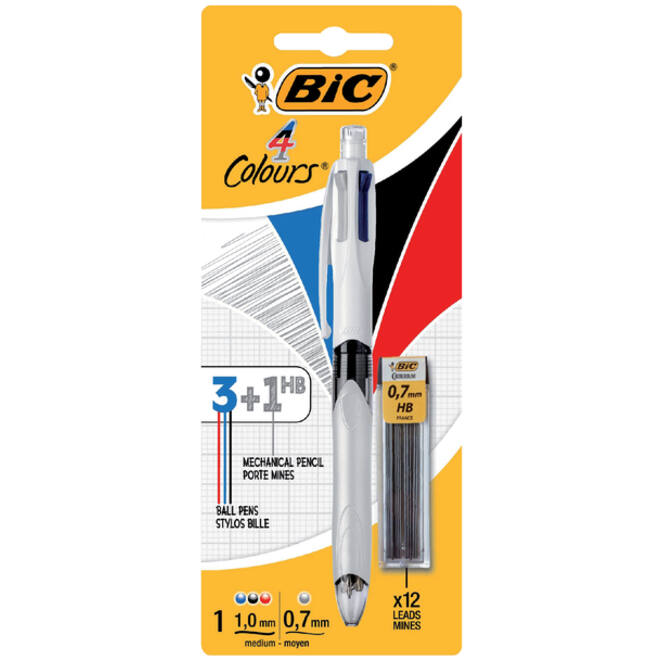 Balpen Bic 3kleuren met vulpotlood HB 0.7mm medium wit blister à 1 stuk