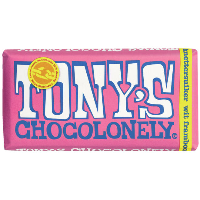Chocolade Tony's Chocolonely wit framboos knettersuiker reep 180gr