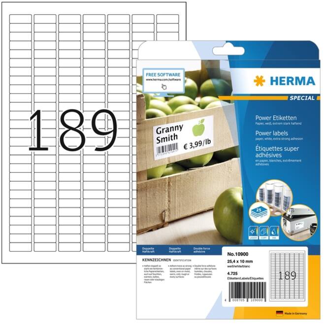 Etiket HERMA Power 10900 25.4x10mm wit 4725 stuks
