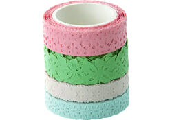 Washi tape Folia kant pastel 2x 15mmx5m 2x 10mmx5m 4 designs 4 kleuren