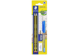 Schrijfset Staedtler inhoud 2 Noris potloden HB en balpen gum slijper en liniaal