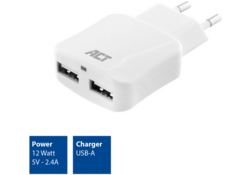 Oplader ACT USB 2 poorts 2.1A 12W wit