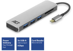Hub ACT USB-C 3.0, 3x USB-A cardreader PD p-through