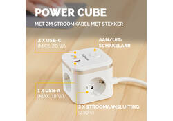 Stekkerblok Fellowes Power Cube F 3 voudig 1xUSB A 2xUSB C 2 meter wit
