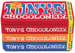 Chocolade Tony's Chocolonely puur-melk en karamel zeezout blik 540gr