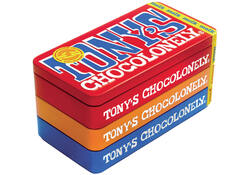 Chocolade Tony's Chocolonely puur-melk en karamel zeezout blik 540gr