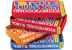 Chocolade Tony's Chocolonely puur-melk en karamel zeezout blik 540gr